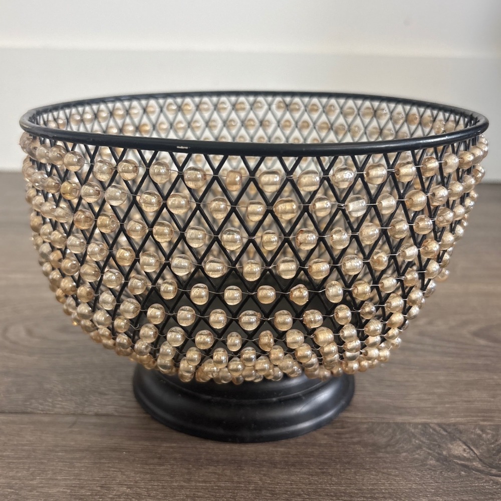 Vintage Bombay Company Pearl Beaded Metal Wire Lattice Footed Bowl Black